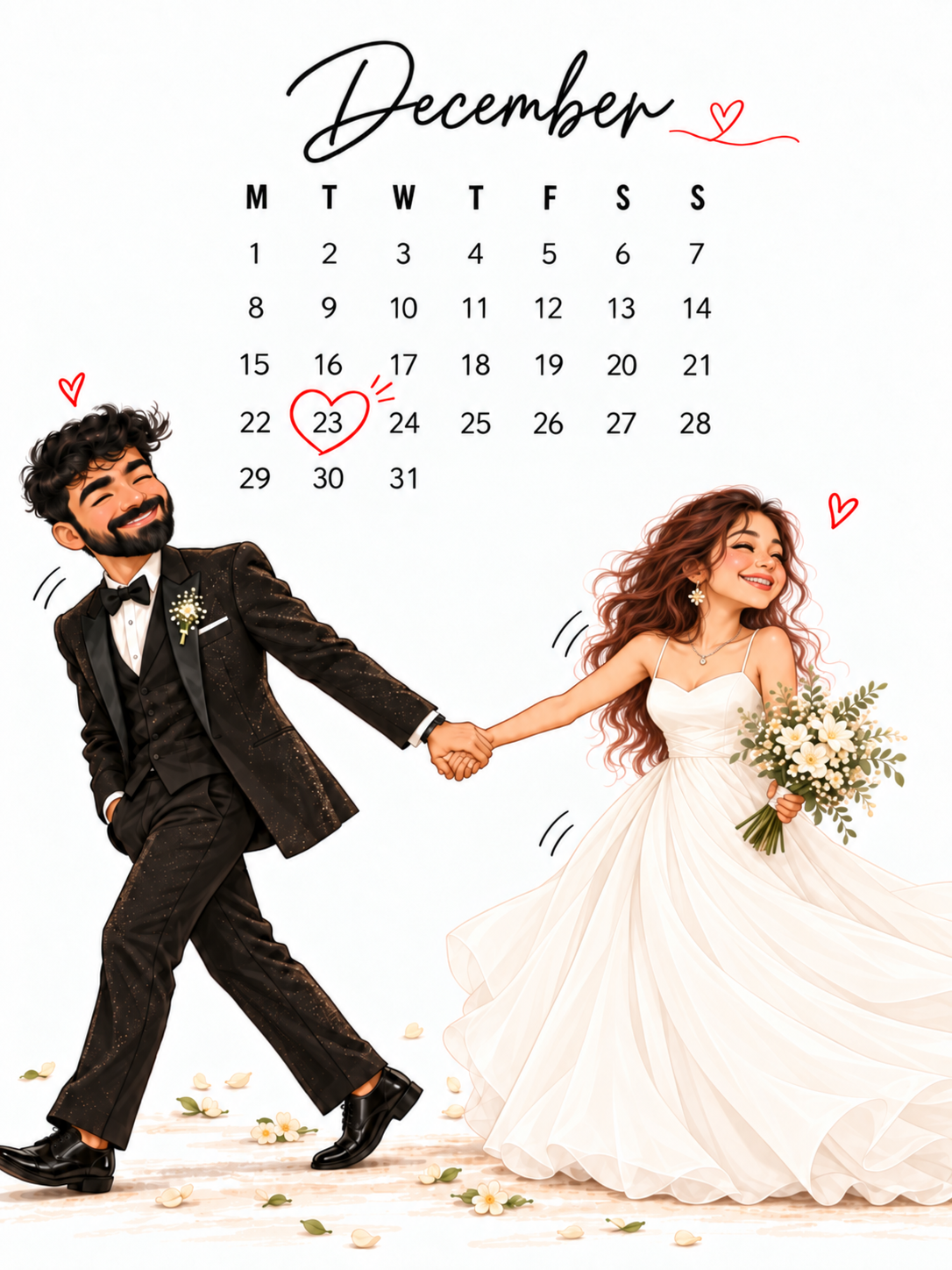 Illustration of the couple in evening attire beneath a December calendar with 23 marked