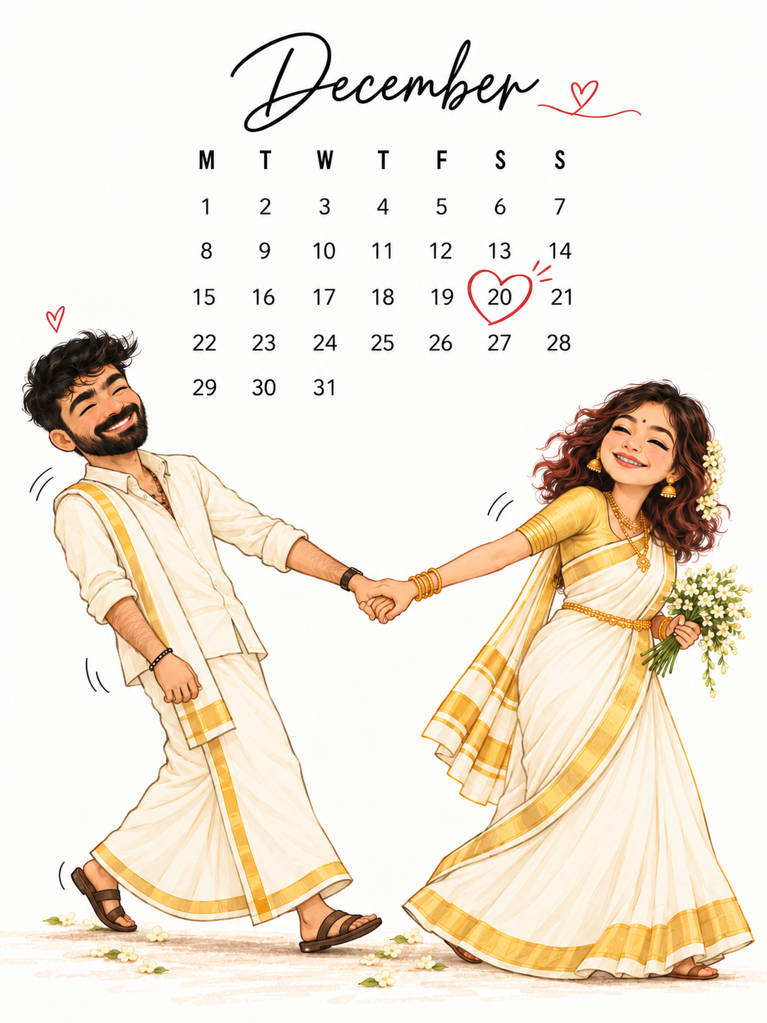 Illustration of the couple in traditional Kerala wedding attire beneath a December calendar with 20 marked