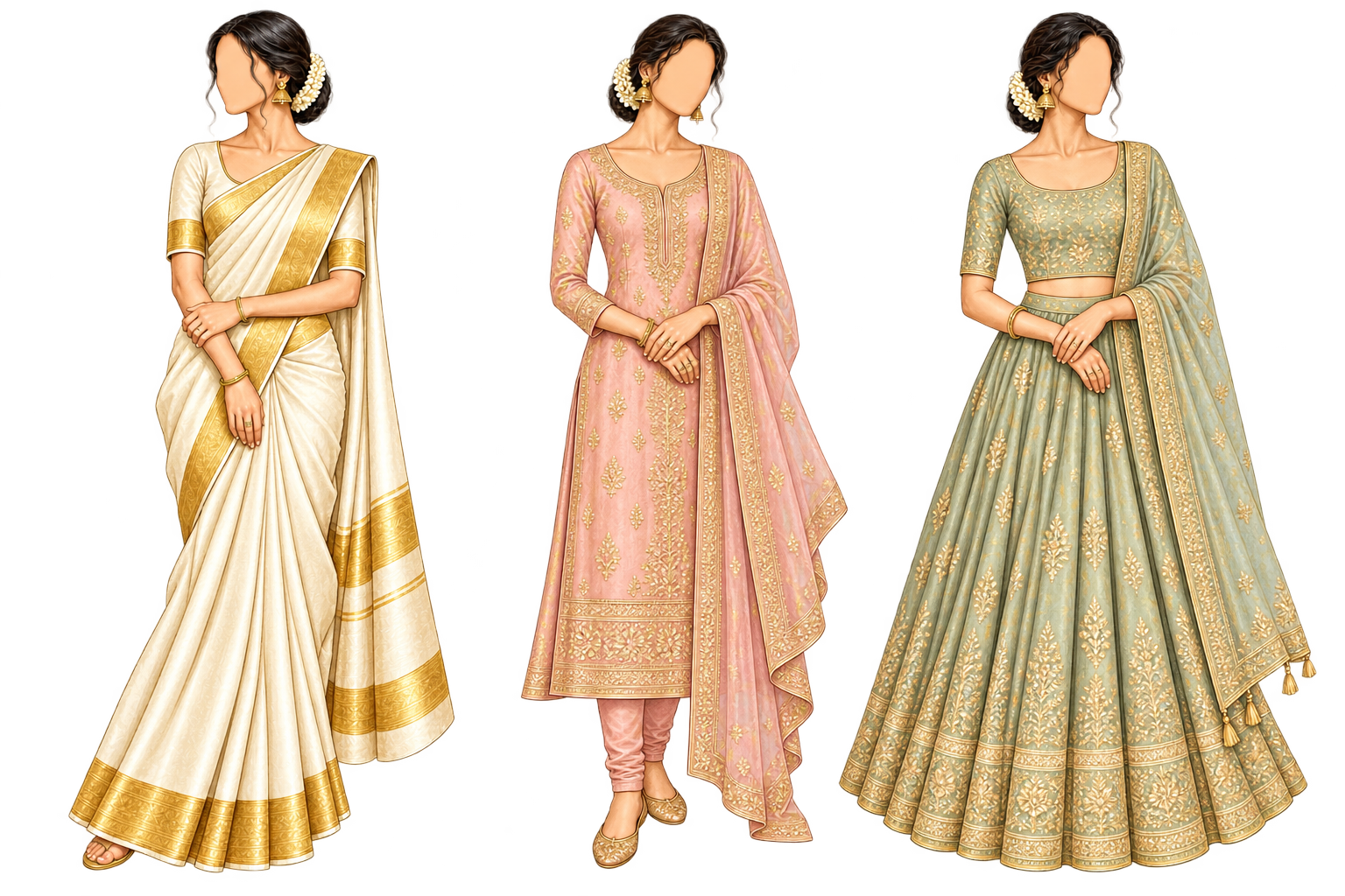 Three faceless illustrated wedding looks: a kasavu saree, a churidar and a traditional skirt and blouse